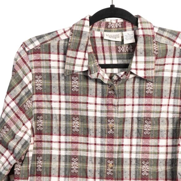Y2K Plaid Embroidered Button Up Shirt PL Women Red Green Christmas Cotton Petite - Picture 2 of 5
